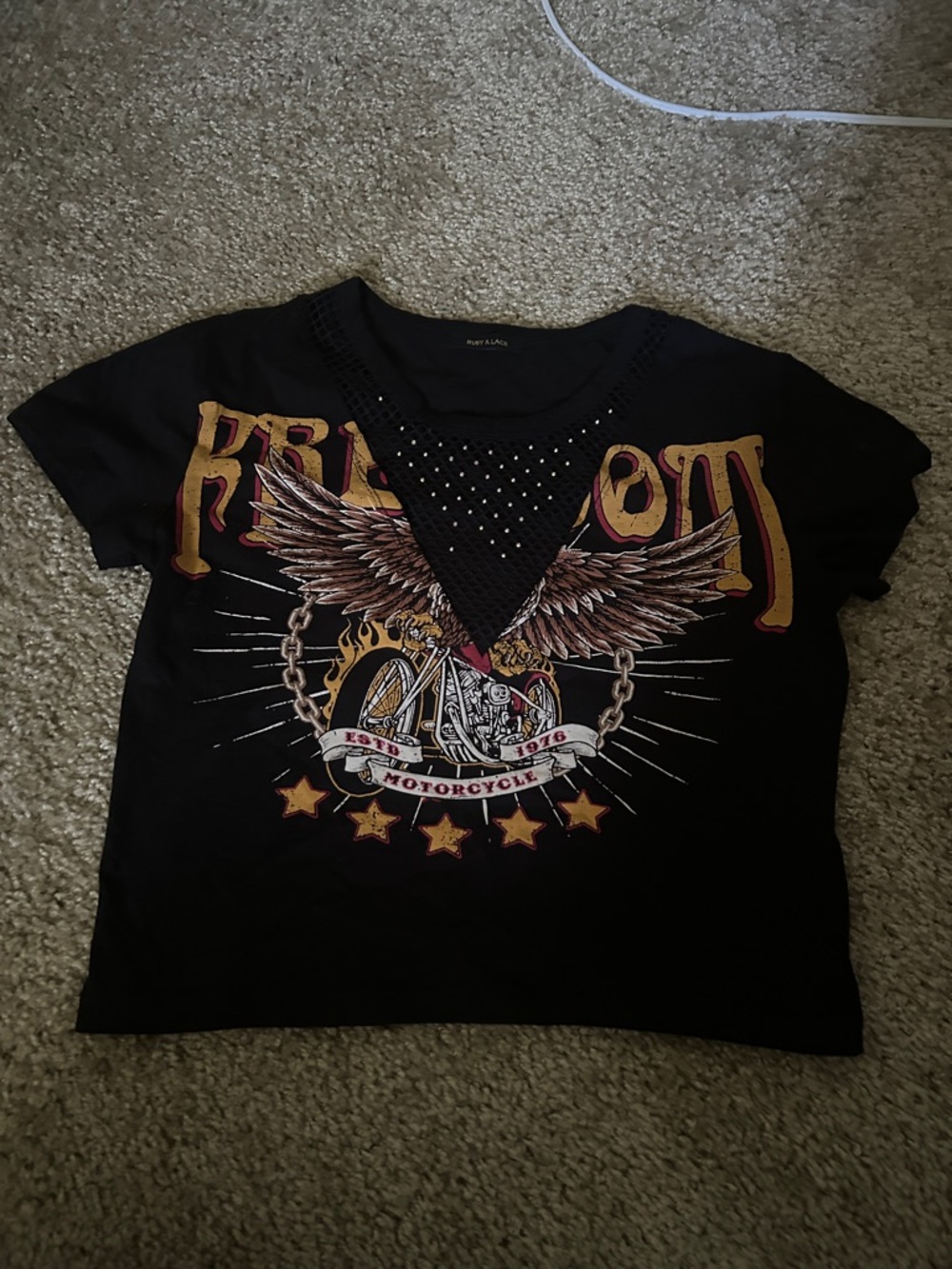 Black Graphic Motorcycle Tee with Embellished V-Neck